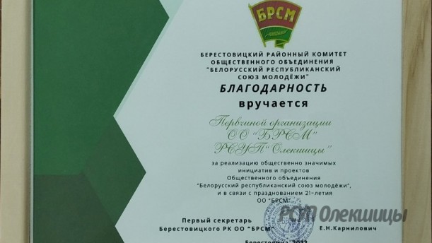Поздравляем Первичную организацию ОО "БРСМ" РСУП "Олекшицы" с наградой!